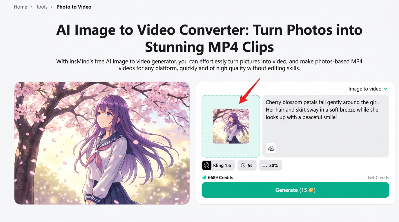 Uploading anime character artwork into the insMind photo to video converter tool.