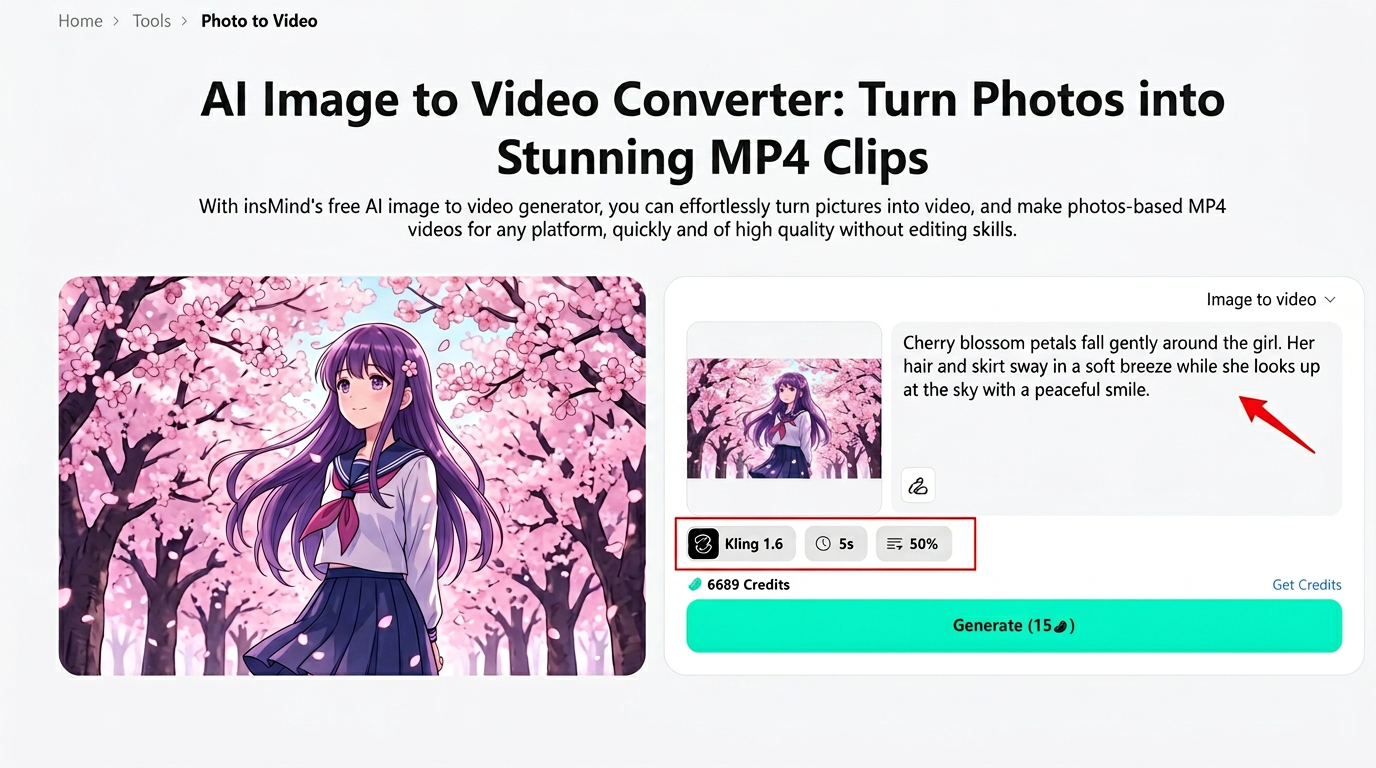 Entering a descriptive text prompt and adjusting AI video settings for anime animation.