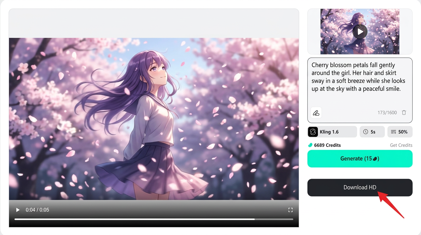 Previewing the AI-animated anime clip and clicking download HD to save the video.