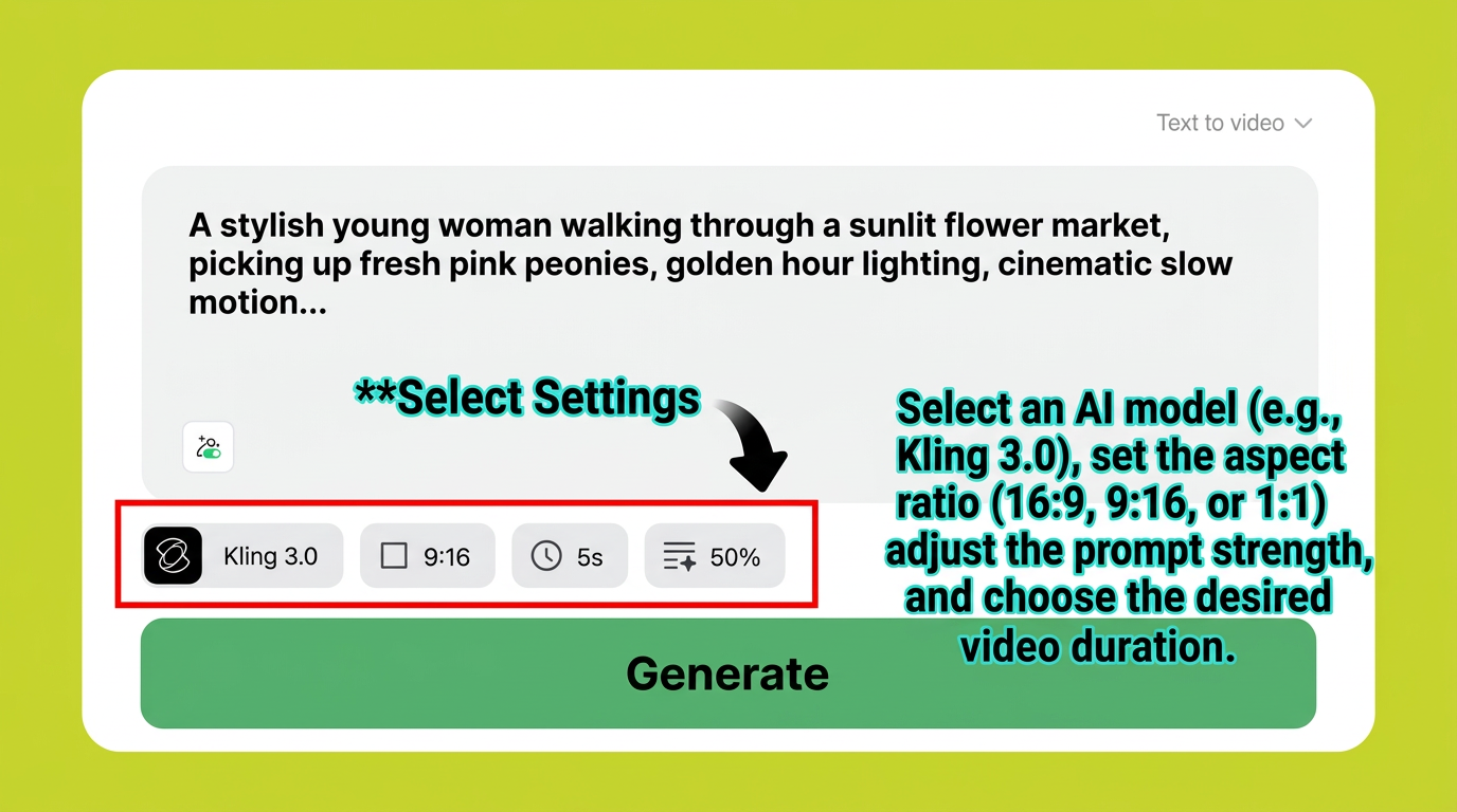 Set 9:16 aspect ratio, AI model, duration, and prompt strength for TikTok