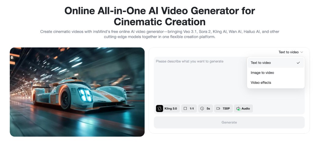 insMind homepage showing the all-in-one AI video generator interface