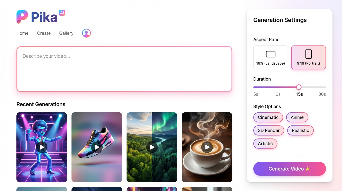 Pika interface with generation settings and recent video gallery