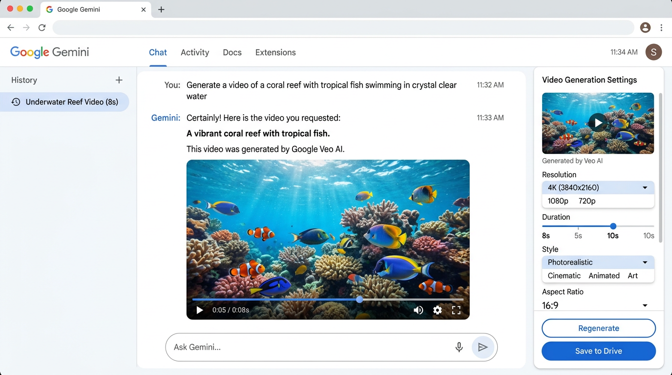 Google Veo video generation through Gemini Advanced interface