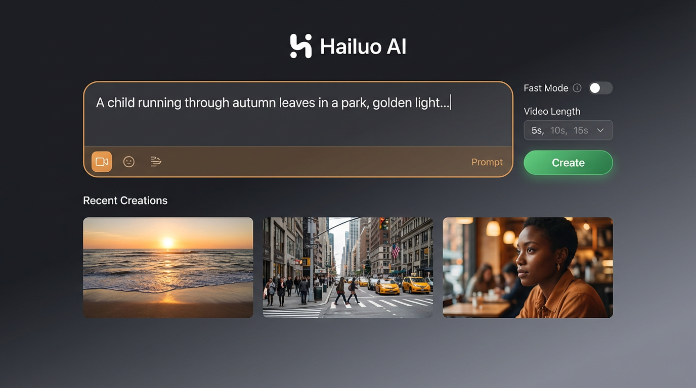 Hailuo AI interface with prompt input and recent creations