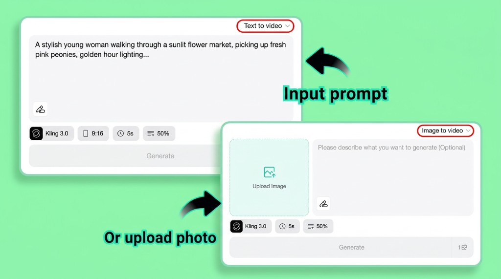 insMind text-to-video and image-to-video input options side by side