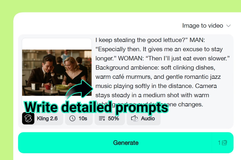 Detailed prompt input with image-to-video mode showing scene description