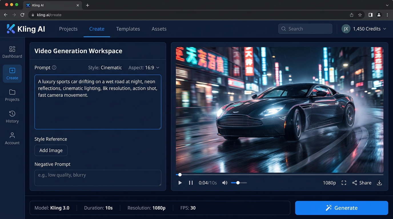 Kling AI interface with prompt input and video preview