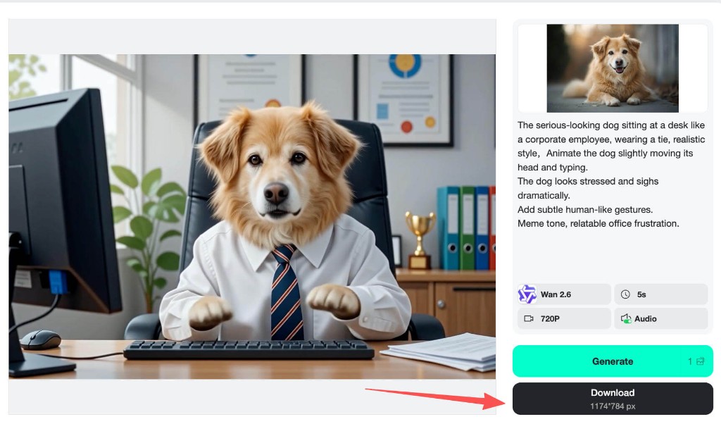 insMind generated meme video result with download button ready to export