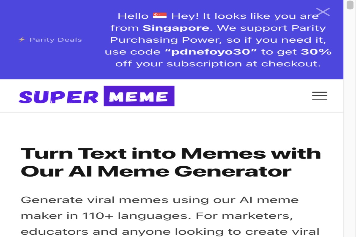 Supermeme homepage showing text to meme AI generator with prompt input