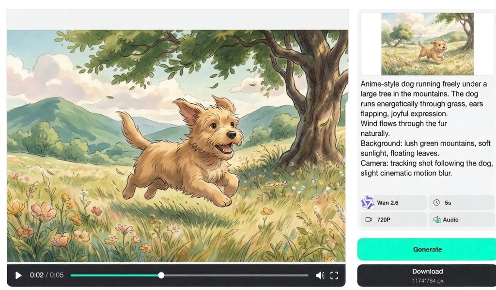 insMind anime video export screen with download and sharing options
