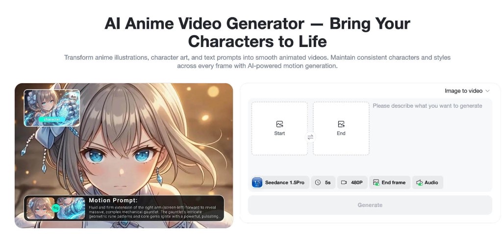 insMind AI video generator interface showing anime creation options