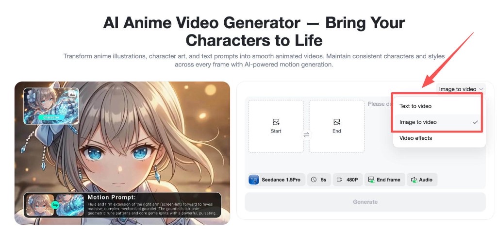 insMind creation method selection showing text and image to video modes