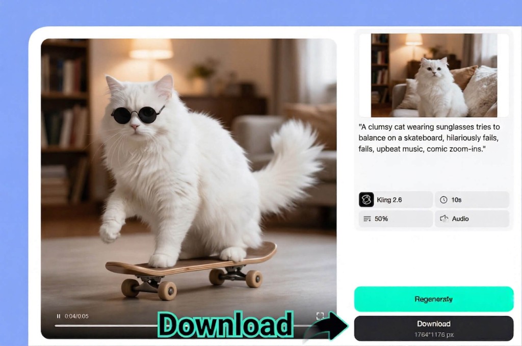Download Funny AI Video Result Preview and download the generated funny AI video with the skateboarding cat