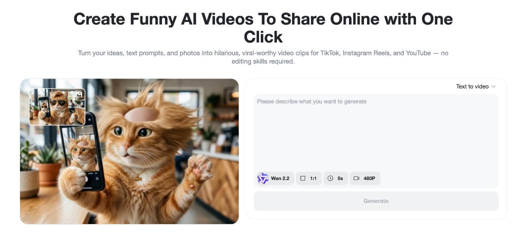 Open insMind Funny Video Generator insMind AI funny video generator interface showing text to video creation mode