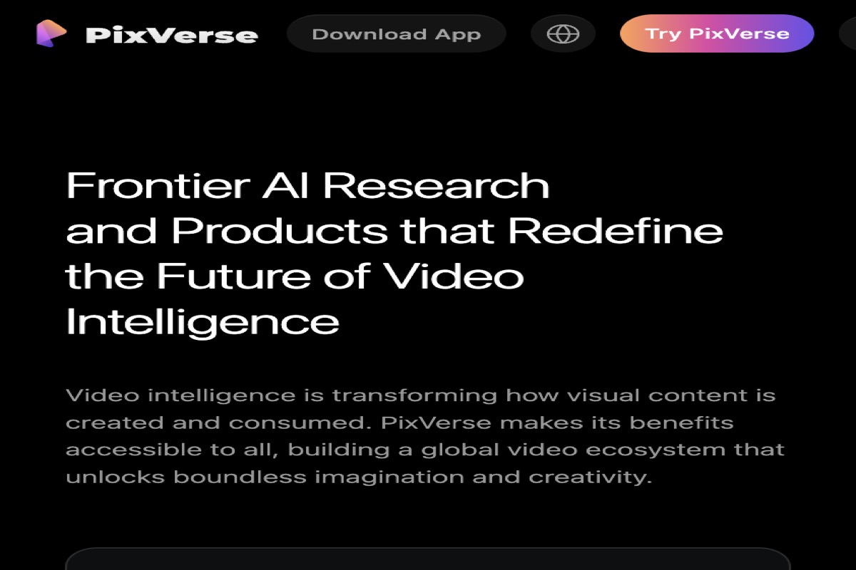PixVerse homepage showing frontier AI video generation research platform