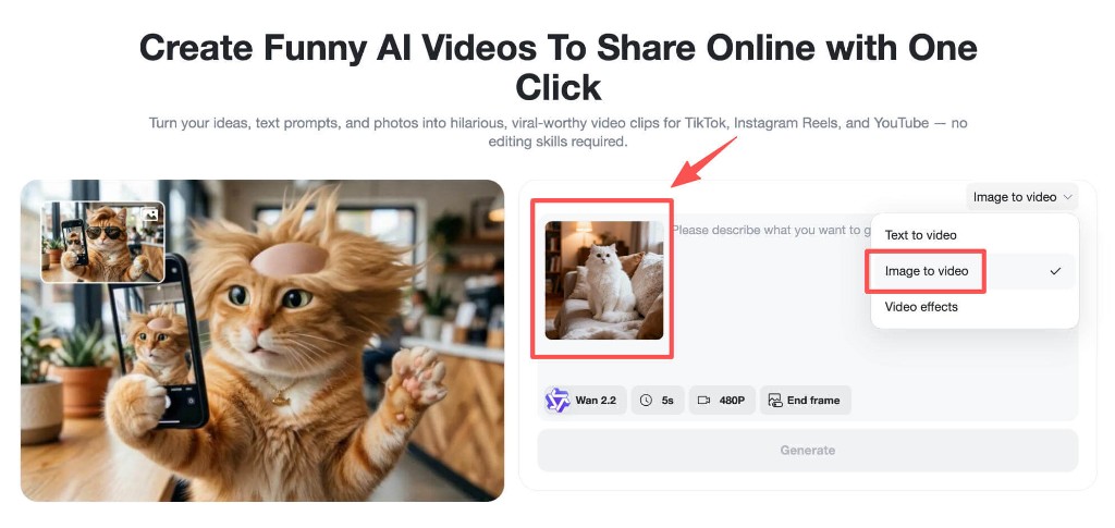 Upload Image for Funny Video Upload a meme image and switch to image-to-video mode in insMind