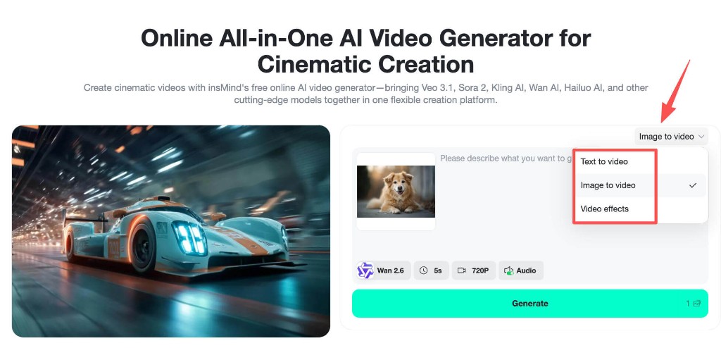 insMind image to video mode with meme prompt and image upload