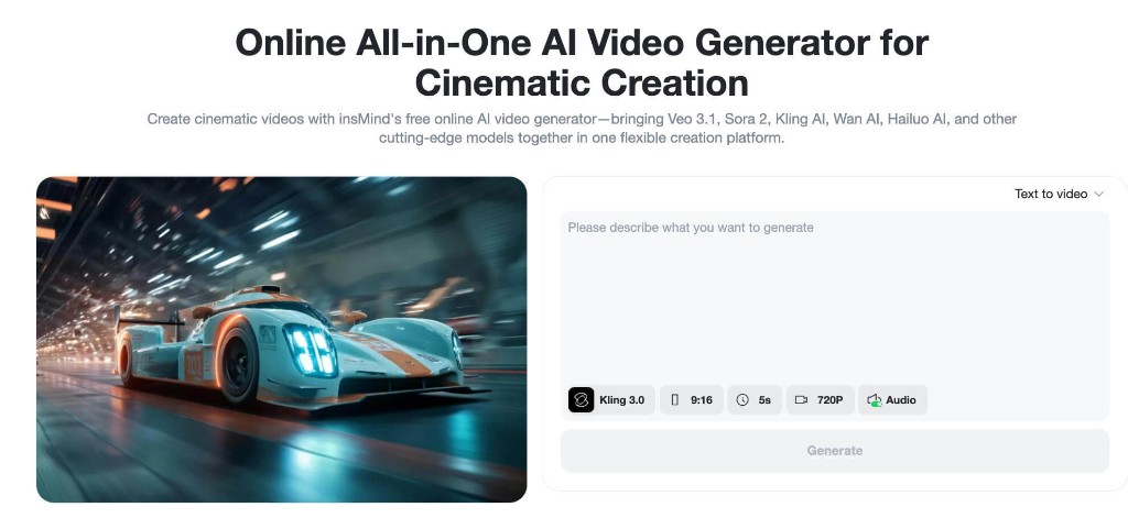 insMind AI video generator showing text to video creation interface
