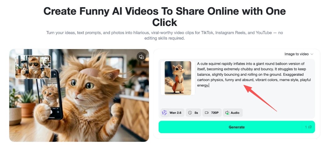 Write Funny AI Video Prompt insMind prompt input showing tested funny squirrel prompt example