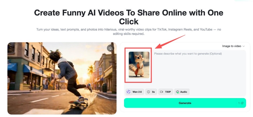 Upload Photo for Funny AI Video insMind funny video generator showing image upload and prompt input