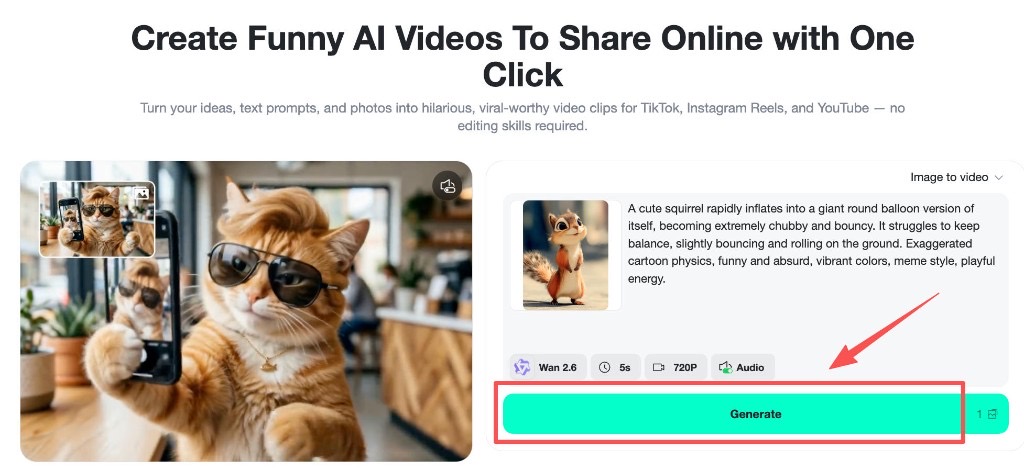 Generate Funny AI Video Result insMind generating inflated squirrel meme video with download option