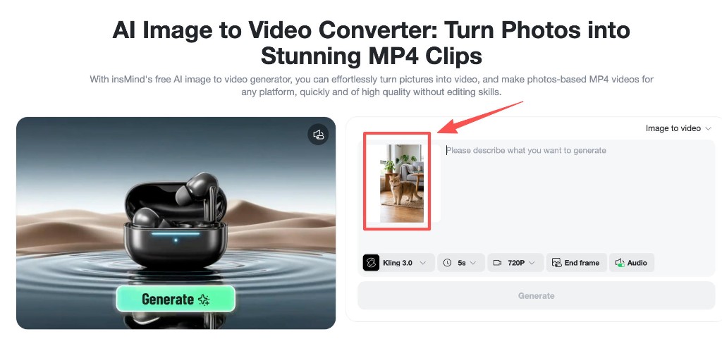 Image to video panel with cat photo selected for upload.