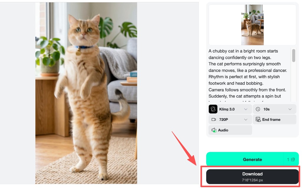 Download button below generated cat dance preview.