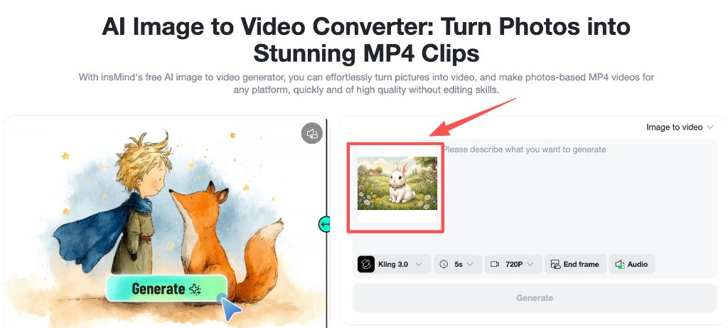 Image to video workspace with rabbit meadow thumbnail uploaded.