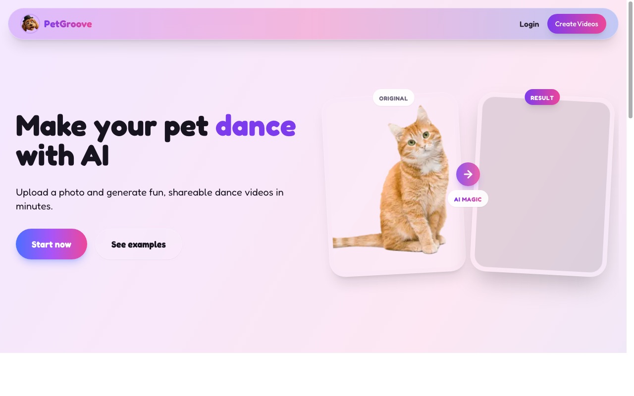 PetGroove pet dance AI tool homepage screenshot