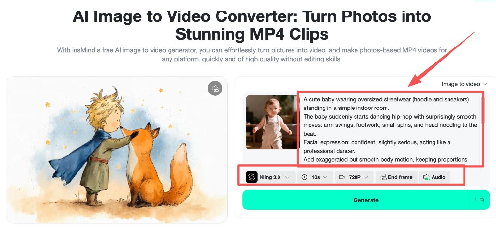 Detailed hip hop baby dance prompt visible in UI.