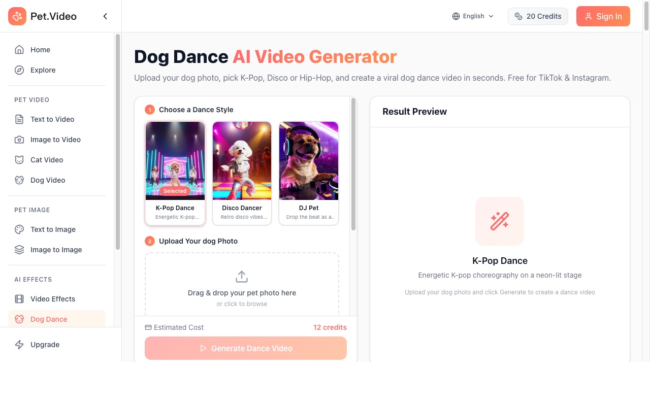 Pet.Video dog dance AI generator page screenshot