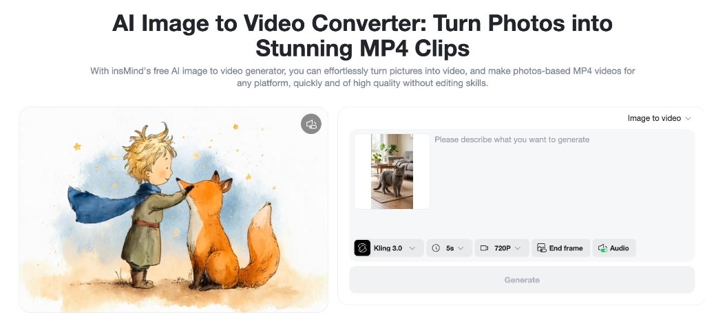 insMind interface with pet photo thumbnail ready for prompt