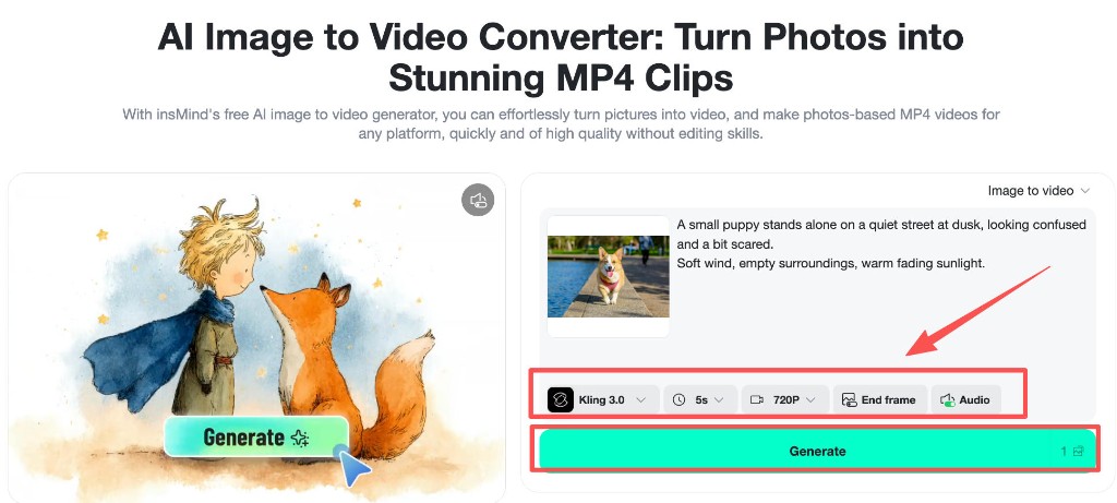 Kling model five second duration and green Generate control.