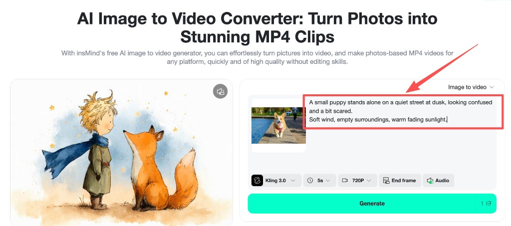 Image to video UI with multi-line scene script in prompt box.