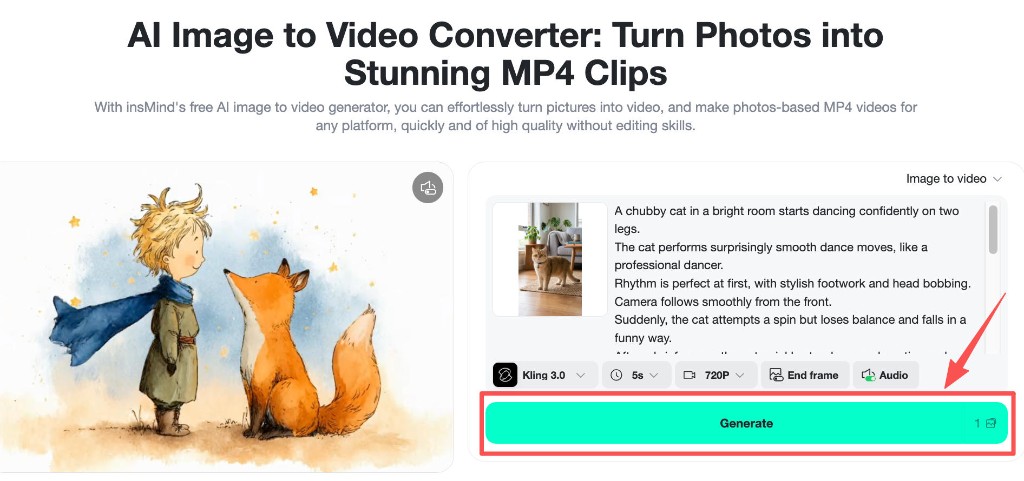 Green Generate button with model and duration settings visible.