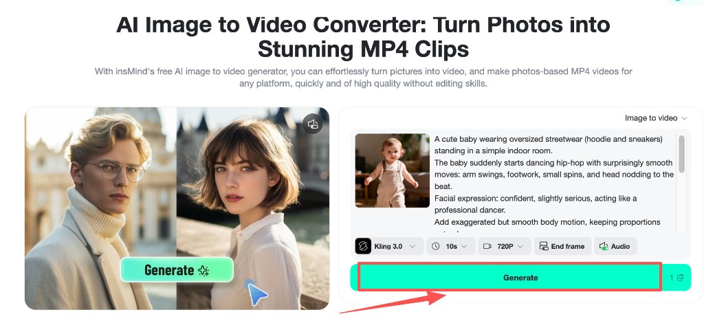 Kling model ten second duration and Generate button.