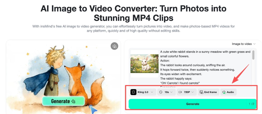 Model duration resolution audio toggles and Generate button.