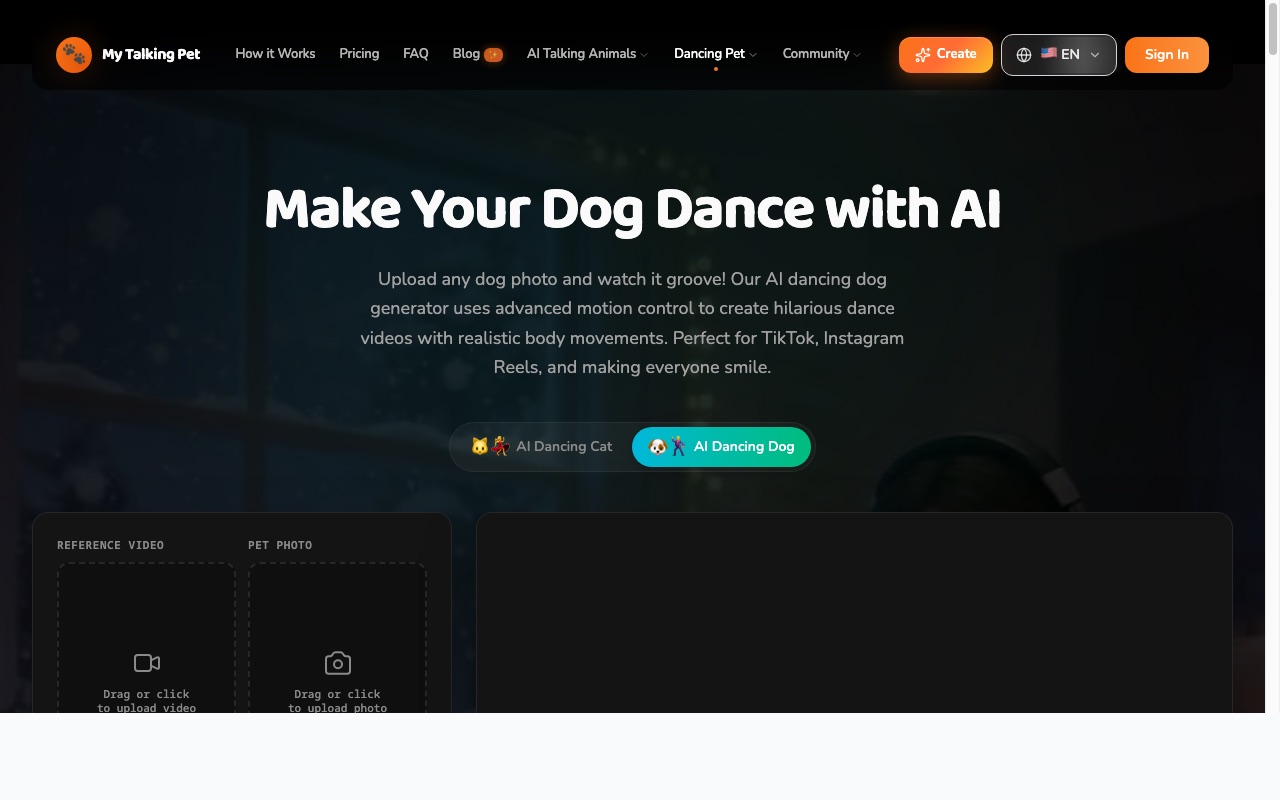 My Talking Pet AI dancing dog website screenshot
