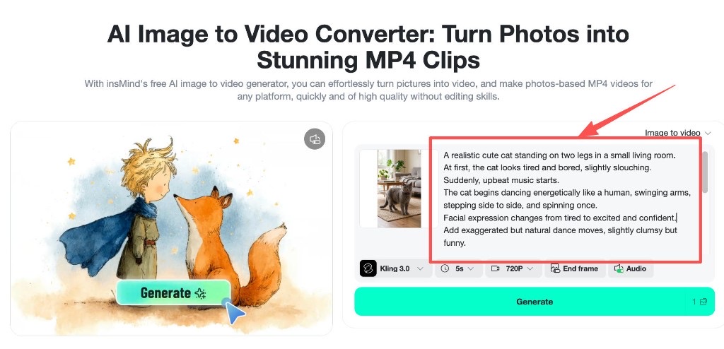 insMind prompt field showing detailed cat dance instructions