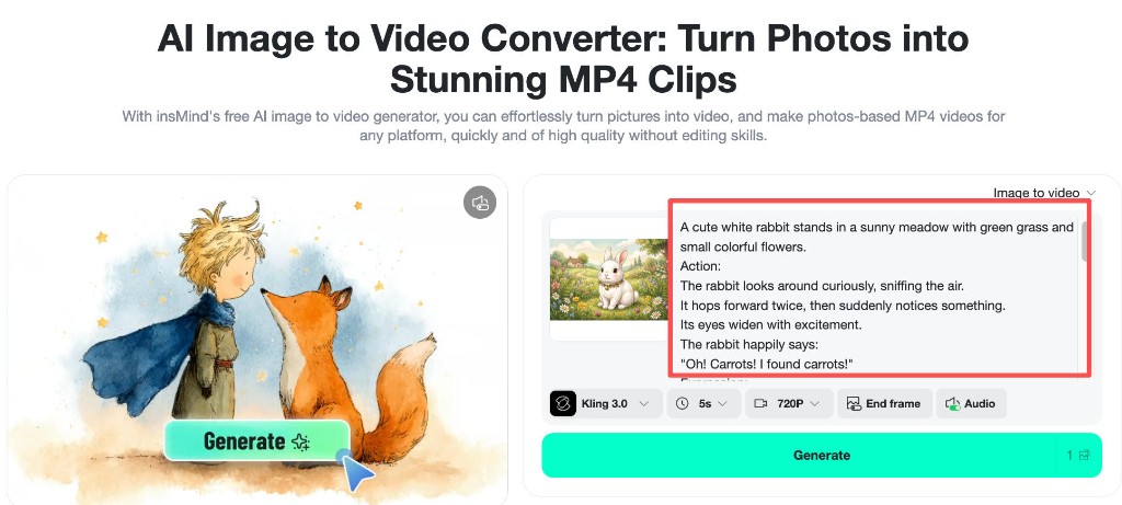 Prompt box with rabbit meadow dialogue and camera notes.