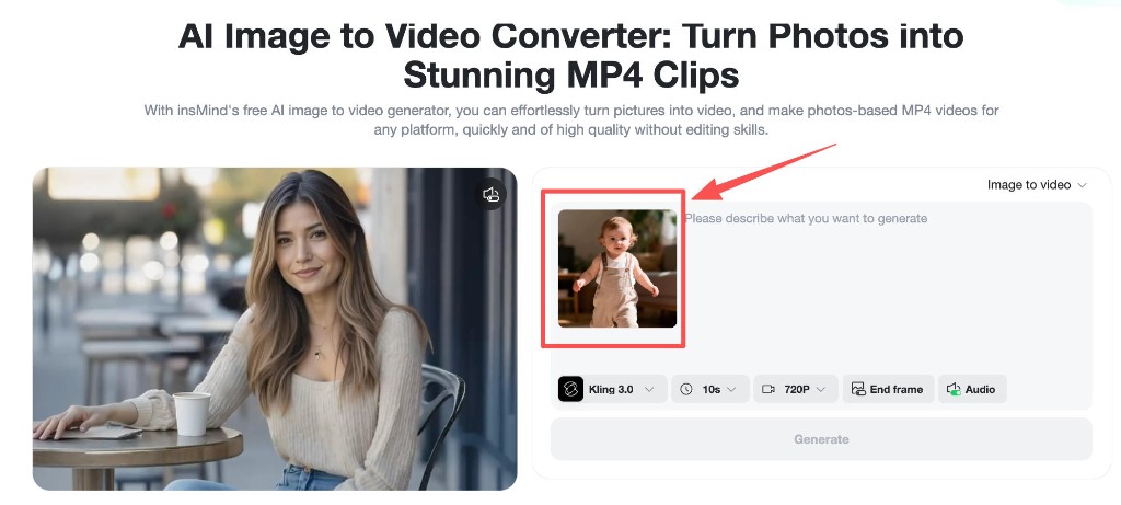 Image to video panel with baby photo ready to upload.
