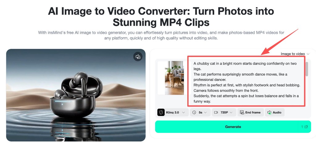 Text prompt box filled with cat dance motion description.