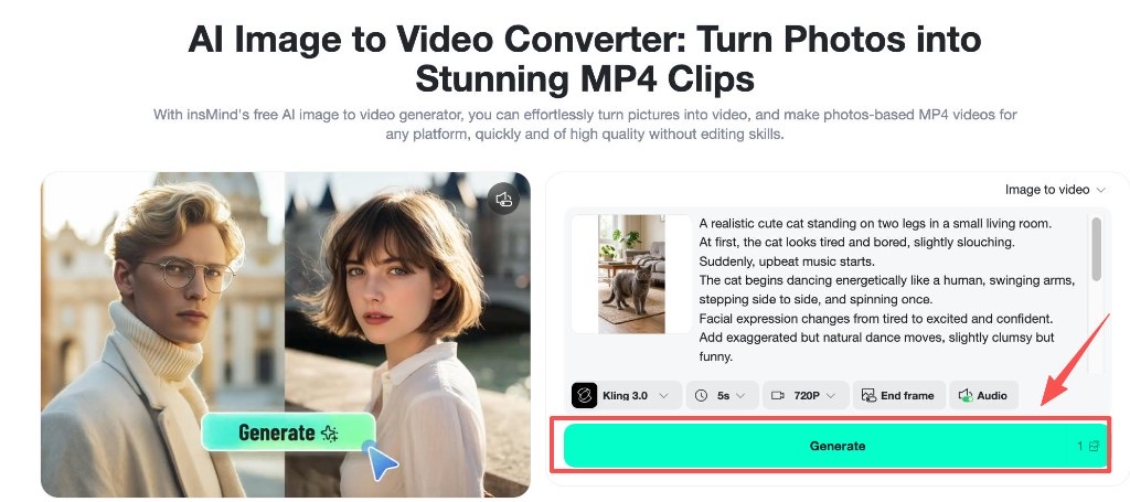 insMind generate button and audio controls for pet video
