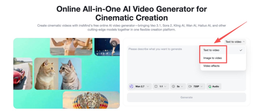 insMind UI dropdown showing Text to video and Image to video options.