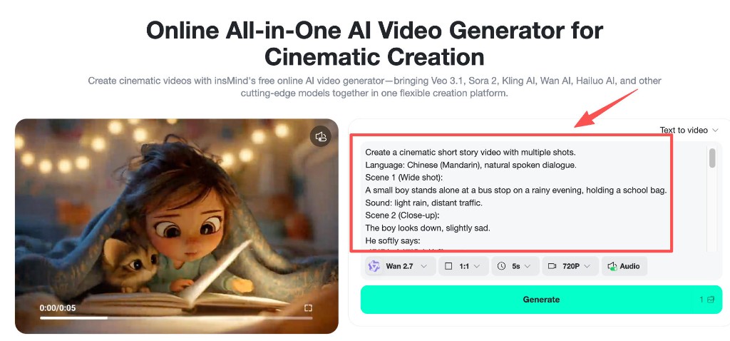 Prompt field showing Mandarin multi-scene cinematic story text.