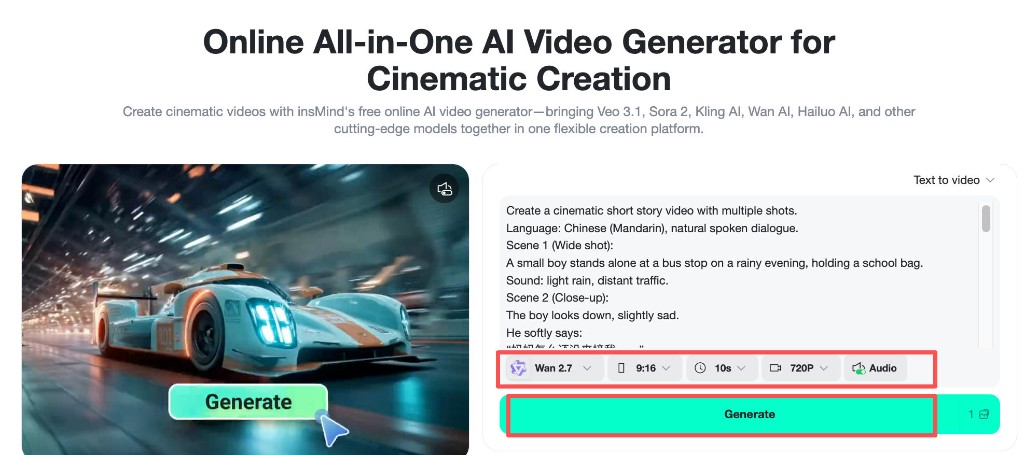 Model Wan 2.7 selected with duration resolution and Generate highlighted.