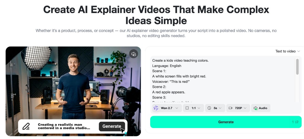 Text-to-video prompt field with kids colors lesson script and Wan 2.7 model selected.