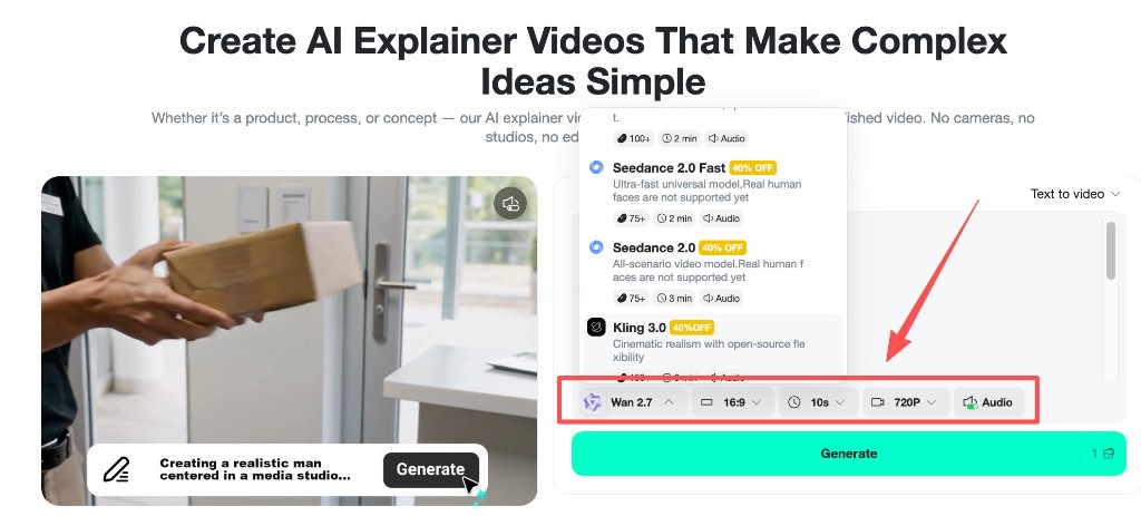 Model dropdown showing Wan 2.7, Seedance 2.0, Kling 3.0 with audio and 16:9 settings.