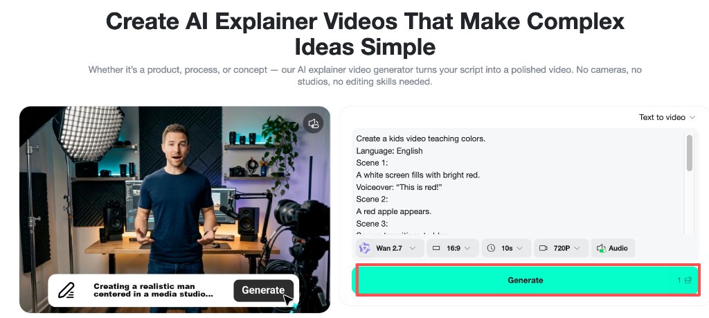 Generate button highlighted with Wan 2.7 model set to 16:9 ratio 10s and audio enabled.