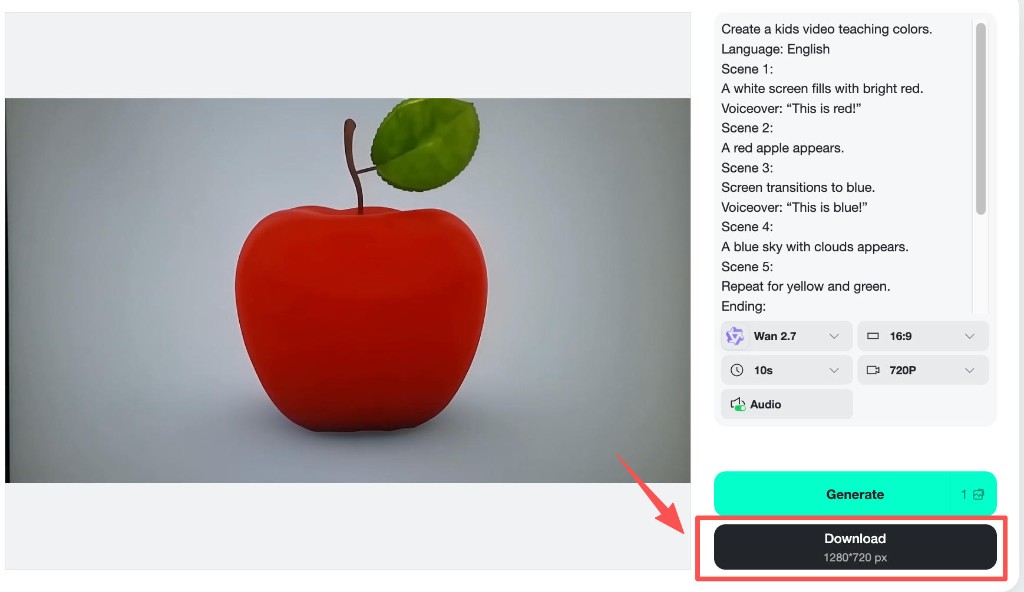 Download button highlighted showing 1280x720 resolution for completed apple colors clip.